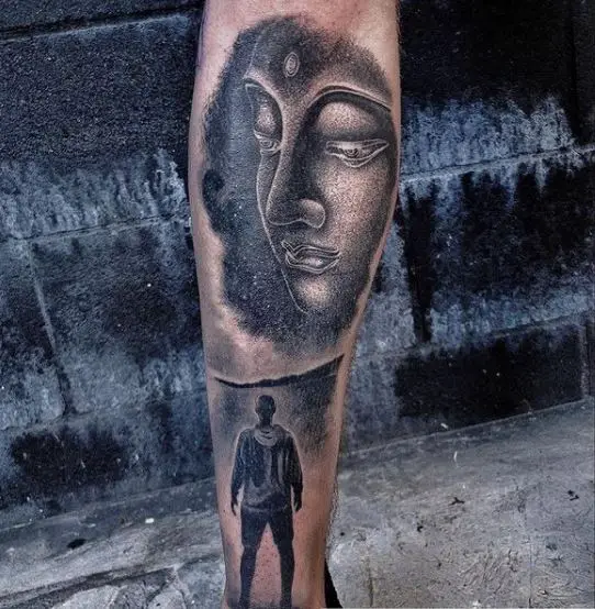 Black and Grey Man and Buddha Forearm Tattoo