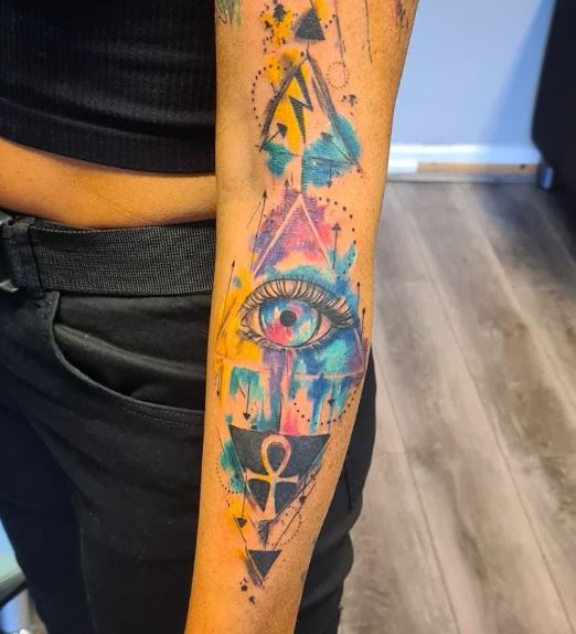 Colorful Eye and Ankh Forearm Tattoo
