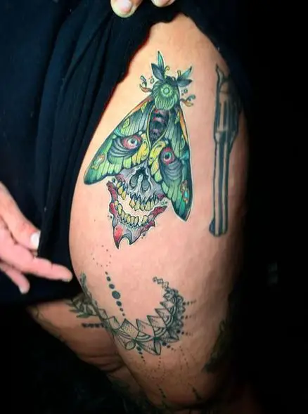 Colored Skull and Death Moth Hip Tattoo