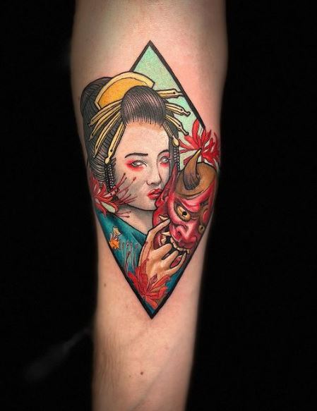 Colored Geisha with Devil Mask Arm Tattoo
