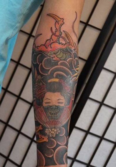 Dragon and Geisha Forearm Sleeve Tattoo