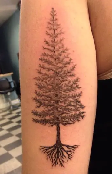Black and Grey Pine Tree Arm Tattoo