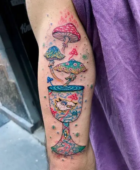 Full Glass and Colorful Mushrooms Arm Tattoo