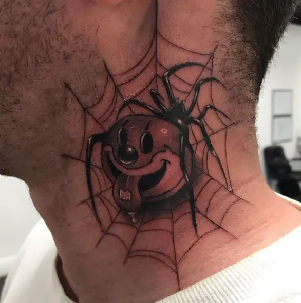 Smiley Face on Black Widow Neck Tattoo