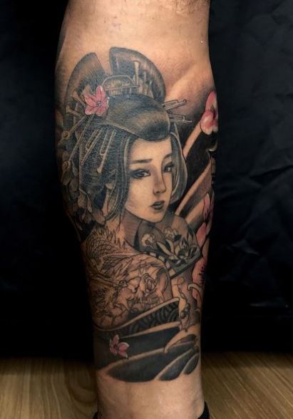 Geisha with Flower in Hair Leg Tattoo