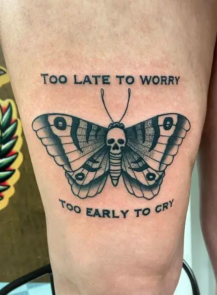 Message and Death Moth Thigh Tattoo