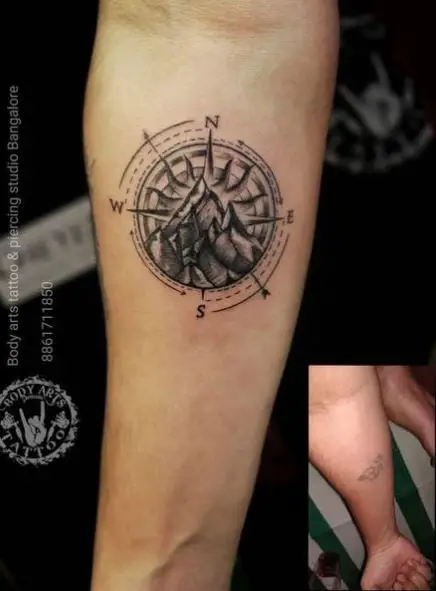 Mountain and Compass Forearm Tattoo
