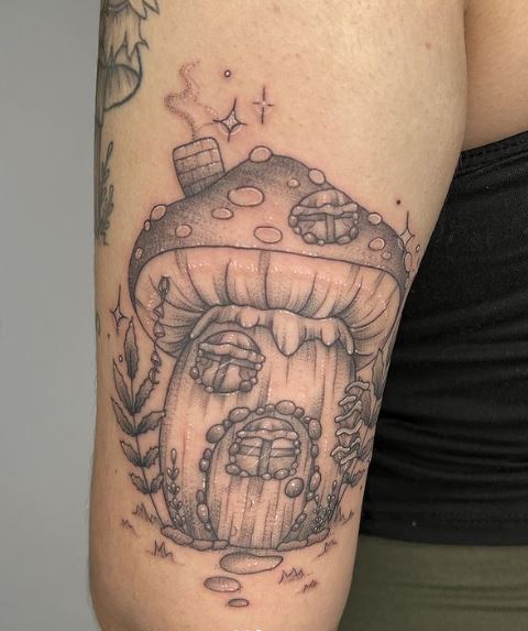 Grey Mushroom House Arm Tattoo