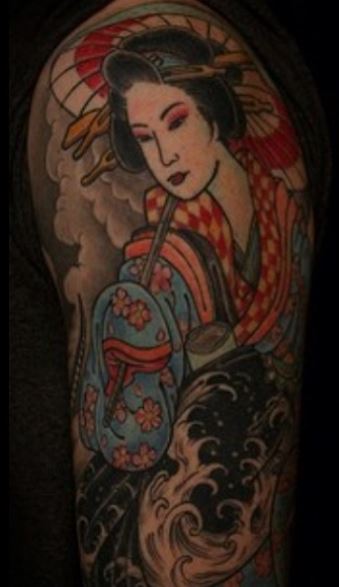 Colorful Geisha holding Umbrella Arm Tattoo