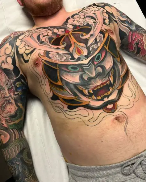 Colorful Samurai Mask Chest Tattoo