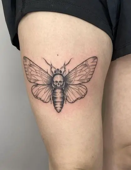 Black and Grey Death Moth Thigh Tattoo