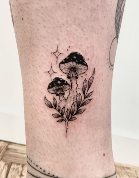 Branches with Leaves and Mushrooms Leg Tattoo