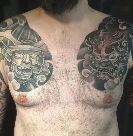 Fudog and Samurai Chest Tattoo