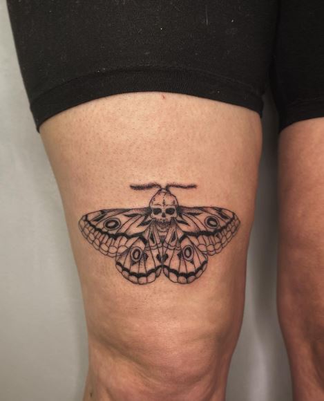 Grey Death Moth Thigh Tattoo