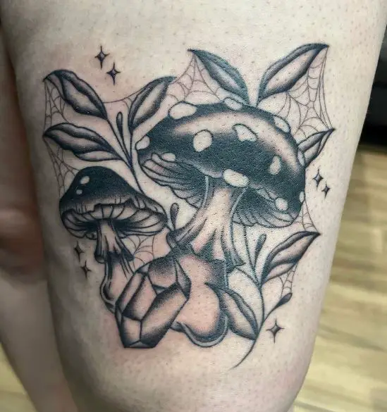 Leaves with Spider Web and Mushrooms Thigh Tattoo
