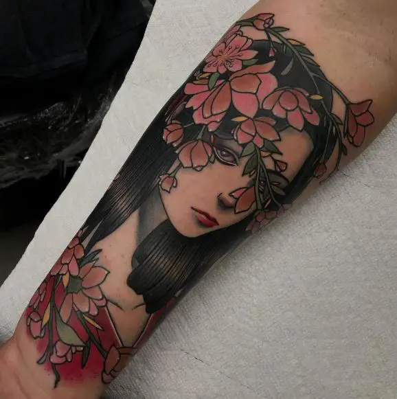 Flowers and Geisha Forearm Tattoo