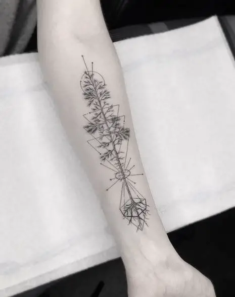 Geometric Pine Tree with Roots Forearm Tattoo