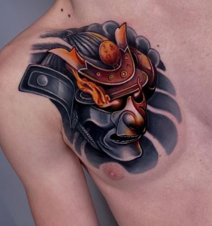 Samurai Mask on Fire Chest Tattoo