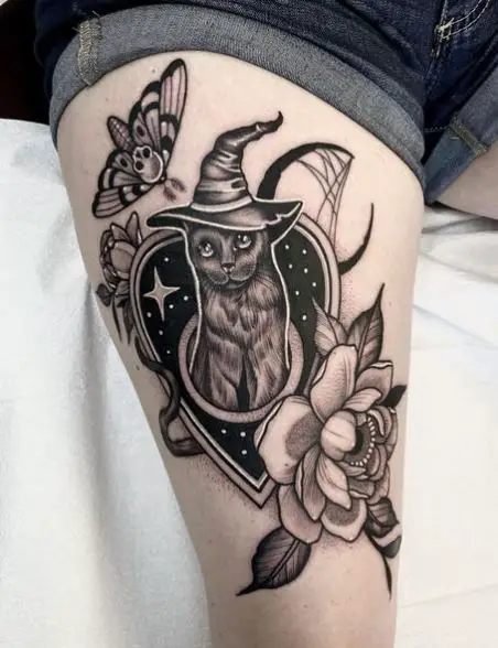 Witchy Cat and Death Moth Thigh Tattoo