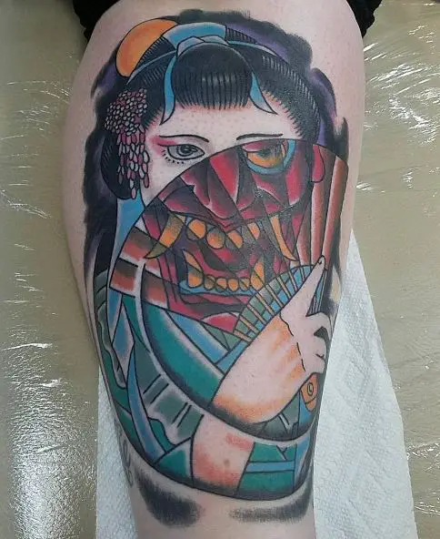 Colorful Geisha with Hand Fan Leg Tattoo