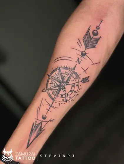 Arrow and Compass Forearm Tattoo