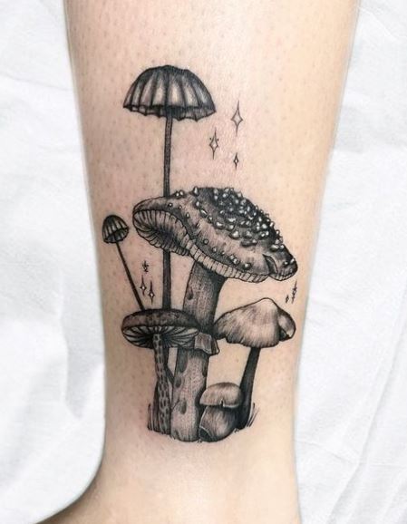 Grey Stars and Mushrooms Ankle Tattoo