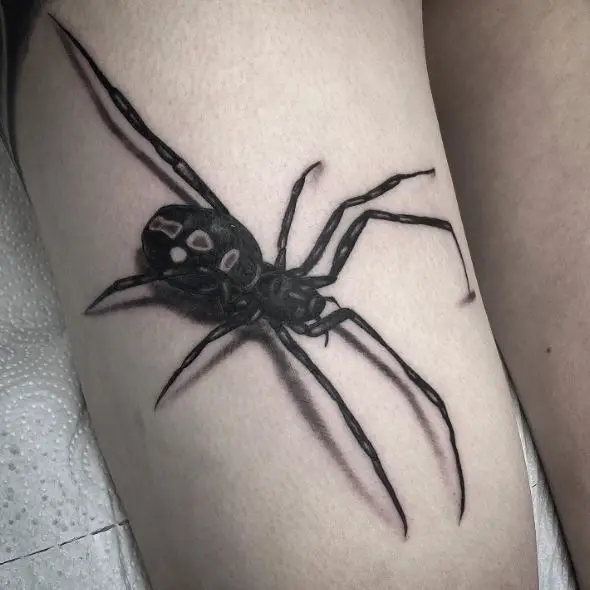 Realistic Black Widow Thigh Tattoo