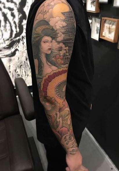 Flowers and Geisha Arm Sleeve Tattoo
