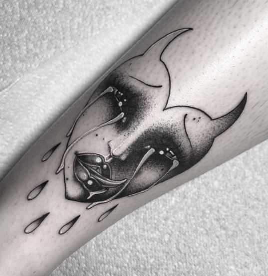 Devil Face Crying Heart Leg Tattoo