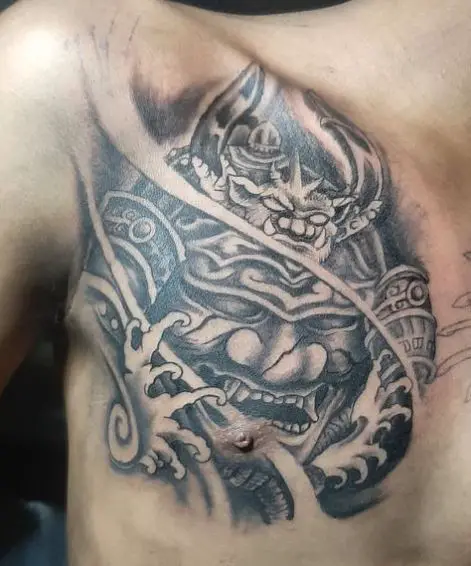Grey Samurai Mask Chest Tattoo