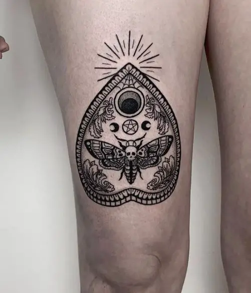 Planchette and Death Moth Thigh Tattoo