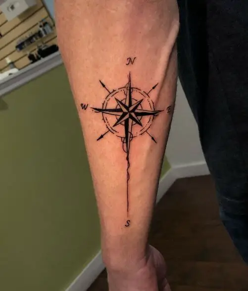 Black and Grey Compass Forearm Tattoo