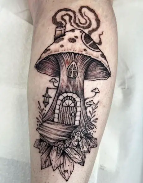 Grey Mushroom House Leg Tattoo