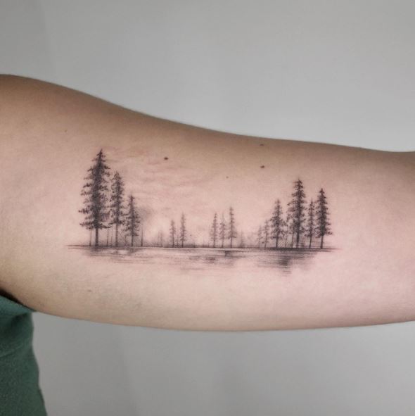 Lake and Pine Trees Forest Biceps Tattoo