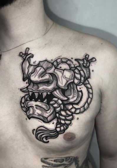 Samurai Mask with Ropes Chest Tattoo