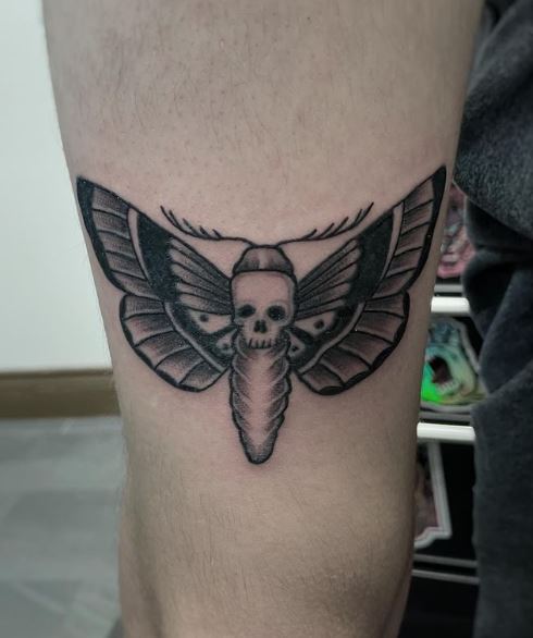 Grey Shaded Death Moth Thigh Tattoo