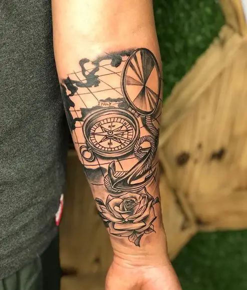 Rose and Compass Forearm Tattoo