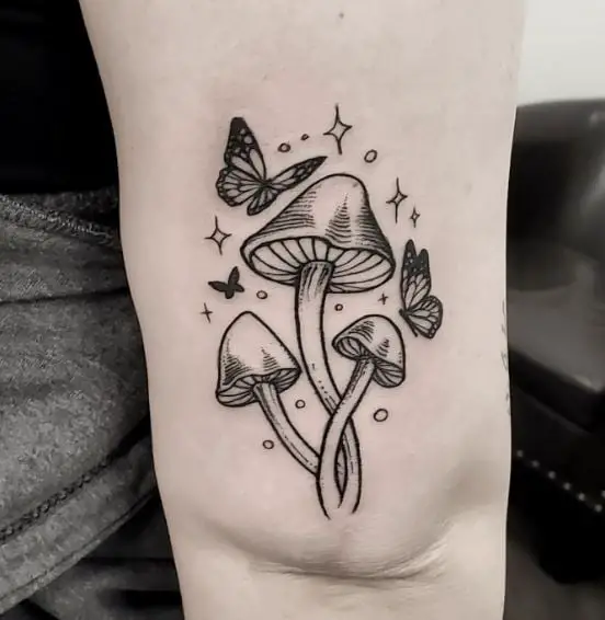Butterflies and Mushrooms Elbow Tattoo