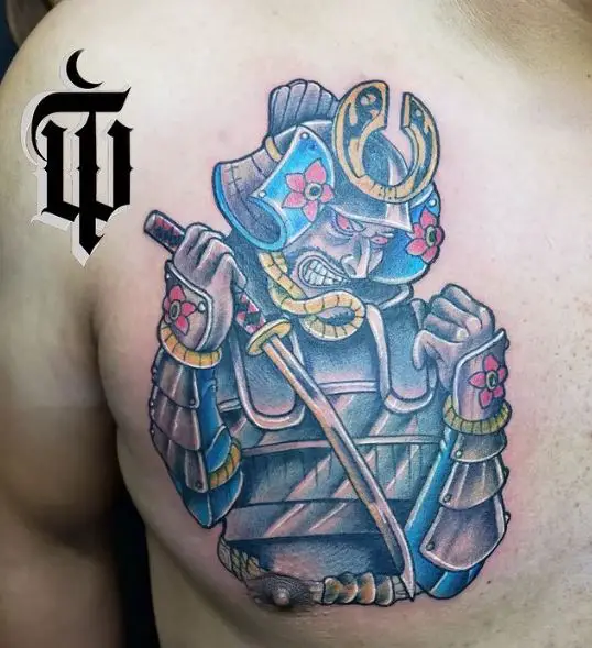Blue Samurai with Katana Chest Tattoo