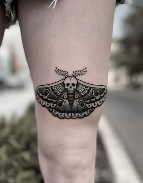 Black Death Moth Thigh Tattoo