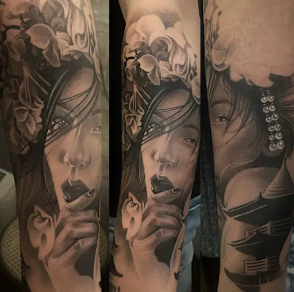 Black and Grey Temple and Geisha Arm Tattoo