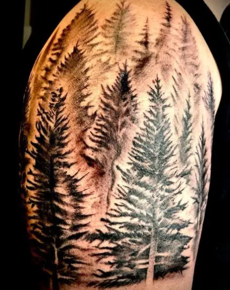 Pine Trees Forest Shoulder Tattoo