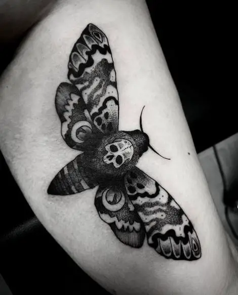 Dark Black Death Moth Thigh Tattoo