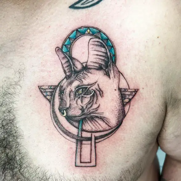 Cat and Ankh Chest Tattoo