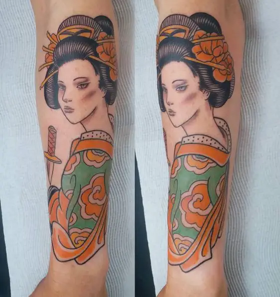 Colored Geisha with Katana Forearm Tattoo
