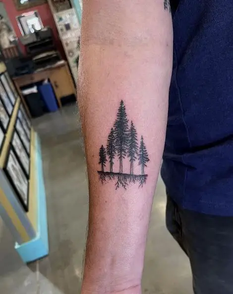 Pine Trees with Roots Forearm Tattoo