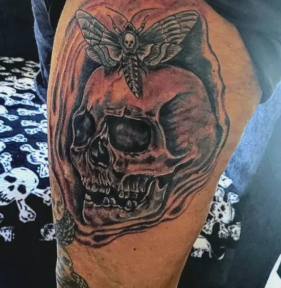 Skull and Death Moth Thigh Tattoo