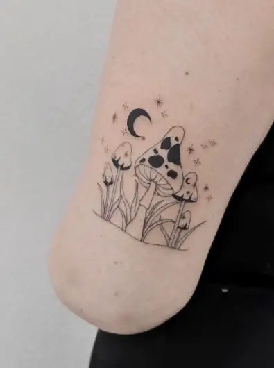 Half Moon and Mushrooms Elbow Tattoo