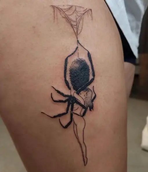Girl and Hanging Black Widow Thigh Tattoo
