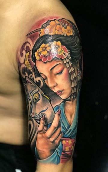 Colorful Geisha with Mask Arm Tattoo